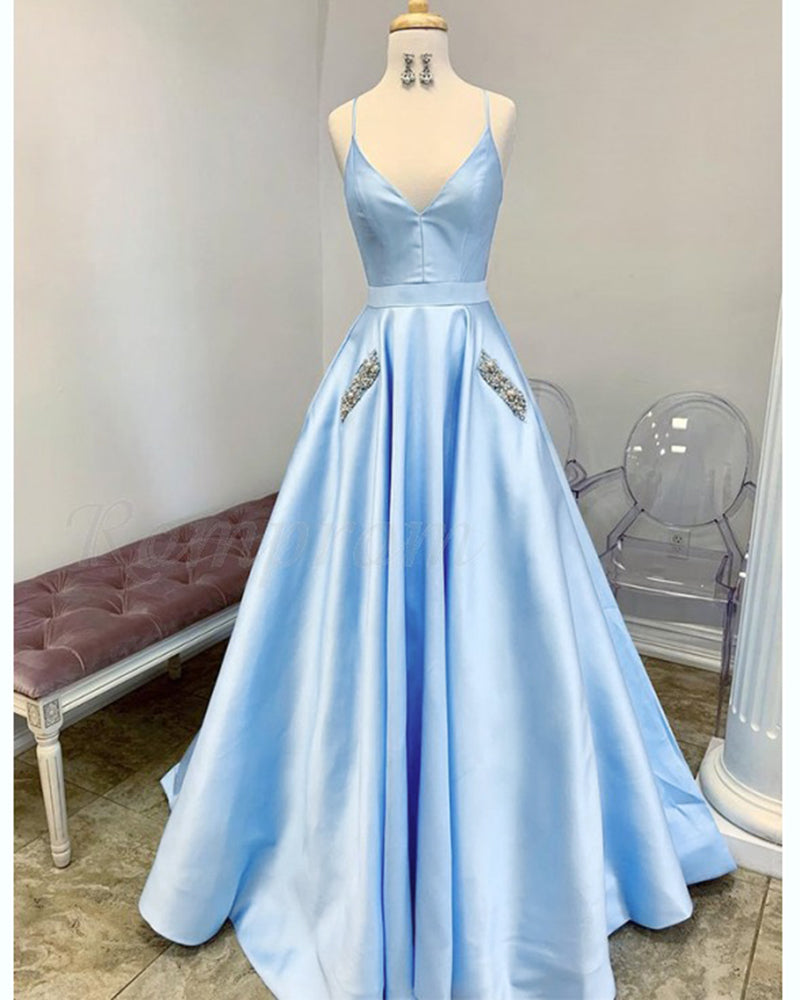 Beautiful Pocketed Lilac Cross Back Spaghetti Straps Long Senior Prom Dresses Girls Satin Graduation Gown Blue PL102071