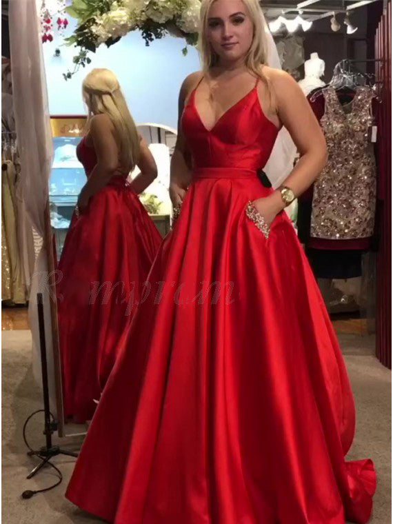 Beautiful Pocketed Lilac Cross Back Spaghetti Straps Long Senior Prom Dresses Girls Satin Graduation Gown Blue PL102071