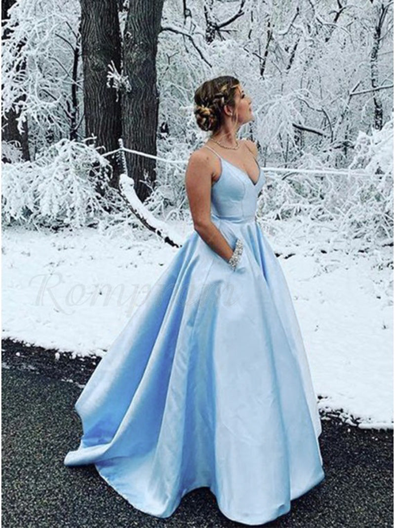 Beautiful Pocketed Lilac Cross Back Spaghetti Straps Long Senior Prom Dresses Girls Satin Graduation Gown Blue PL102071
