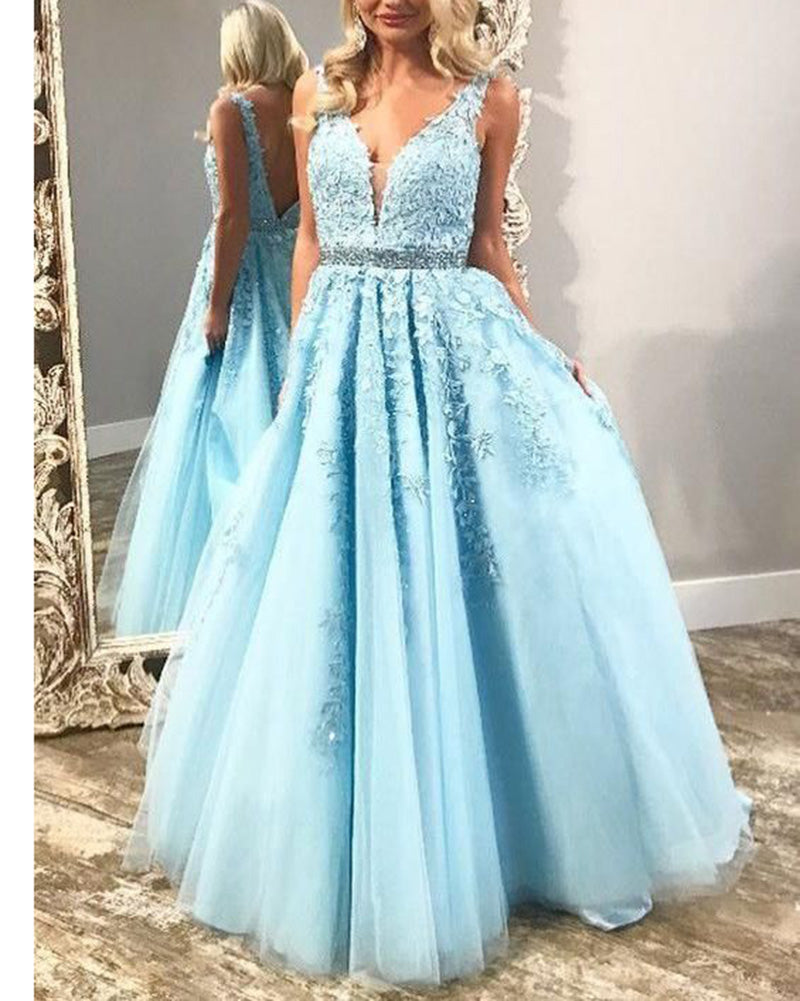 Plunge V Neck Long Girls Pageant Dress Prom Graduation Gown with Lace 2019 PL5440