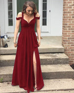 Long Chiffon Burgundy Prom Dress, Long Party Dress with Split ,vestidos de noite LP0708