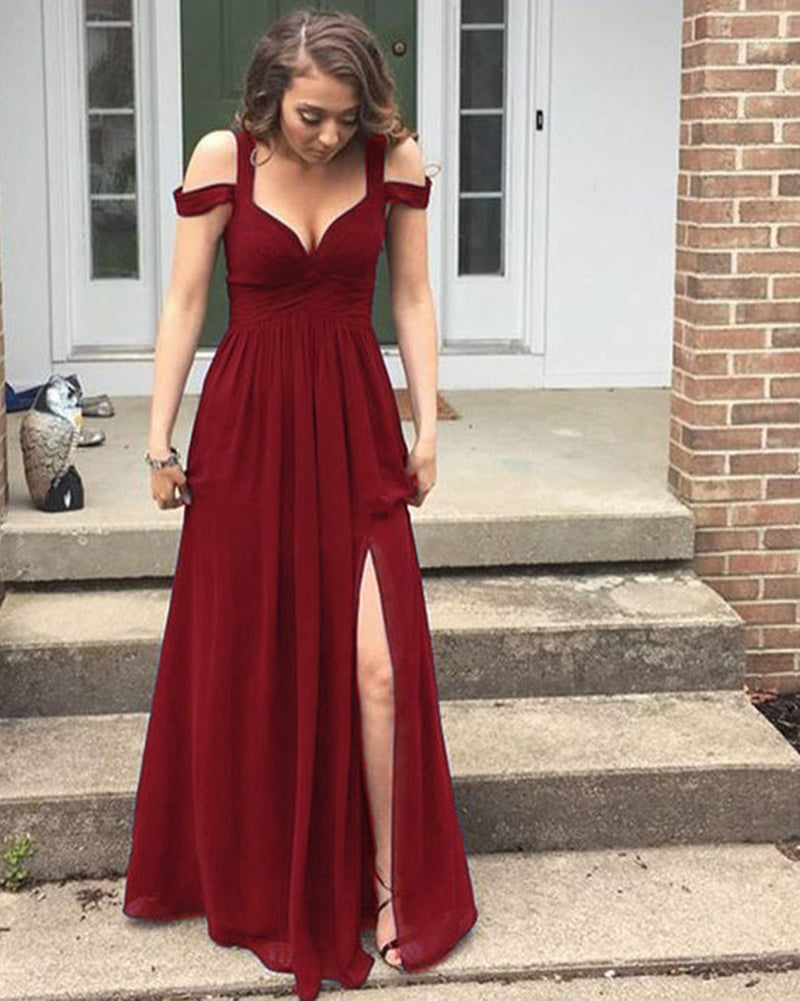 Long Chiffon Burgundy Prom Dress, Long Party Dress with Split ,vestidos de noite LP0708