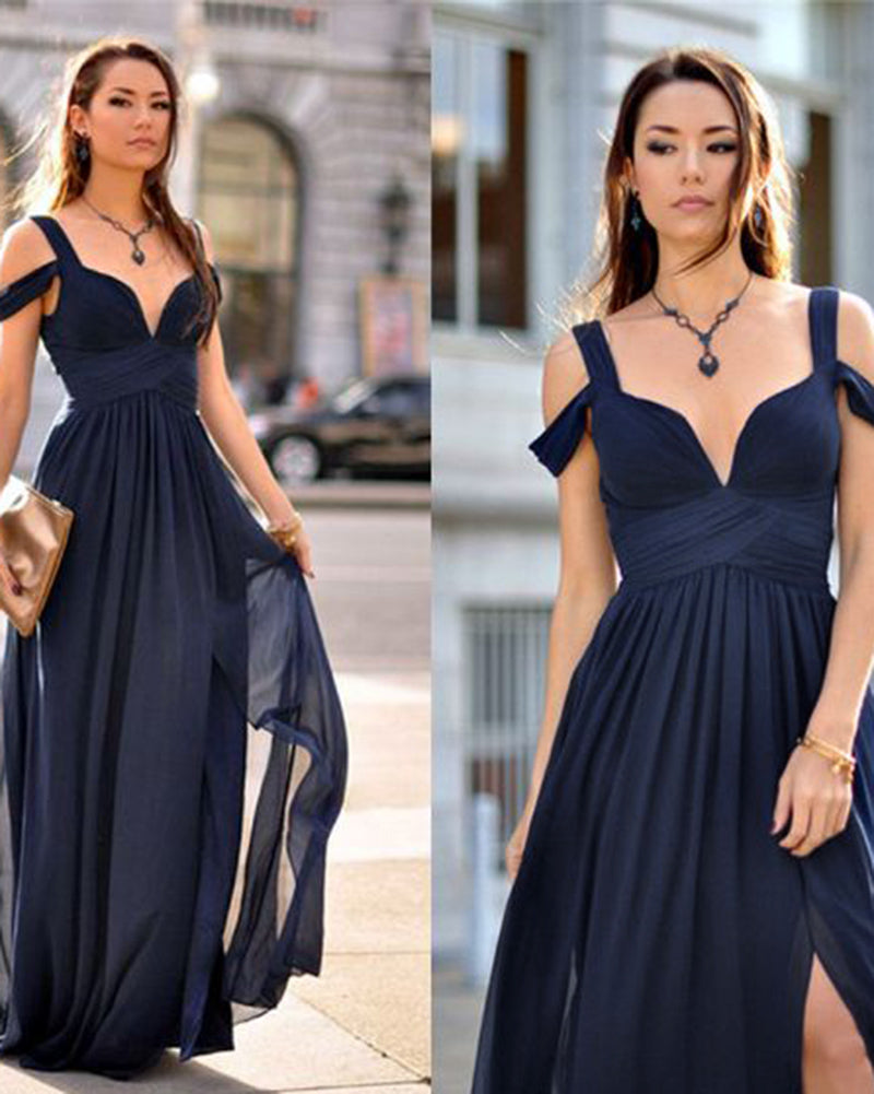 Elegant Off the Shoulder Summer Navy Blue /Red Chiffon Evening Long Dress,Chiffon Wedding Party Gown PL0707