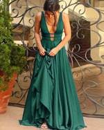 Sexy Teal Green  Deep V Neck Long Evening Party Dresses Robe De Soiree PL05250