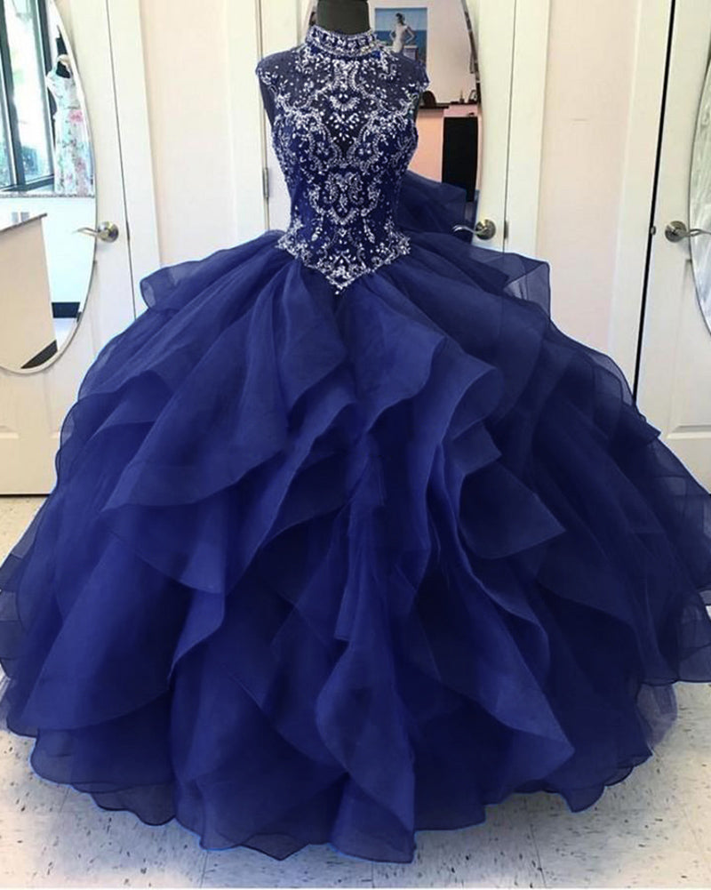 Fantastic High Neck Navy Blue Bodice Corset Ball Gown Sweet 16 Quinceanera Gown Puffy Organza Prom Dress 2022 Debutante LP1151
