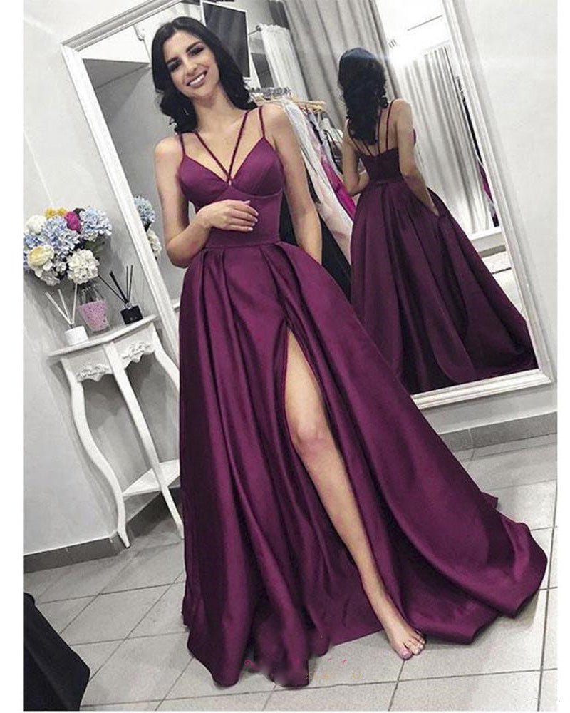 Elegant A Line Satin Long Spaghetti Straps Prom Dress Formal Evening Gowns Burgundy/Green high Slit PL97745