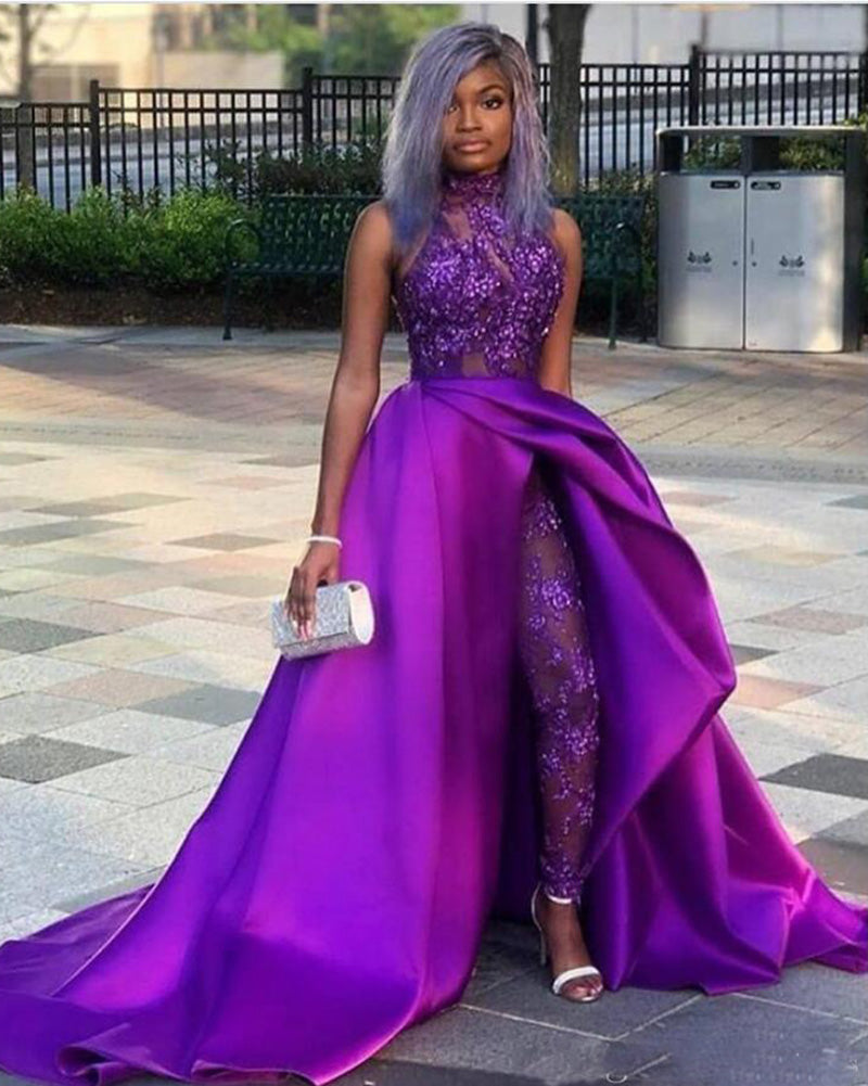 Jumpsuits Prom Dresses With Detachable Train High Neck Lace Appliqued Bead Evening Gowns Luxury African Party Women Pant Suits