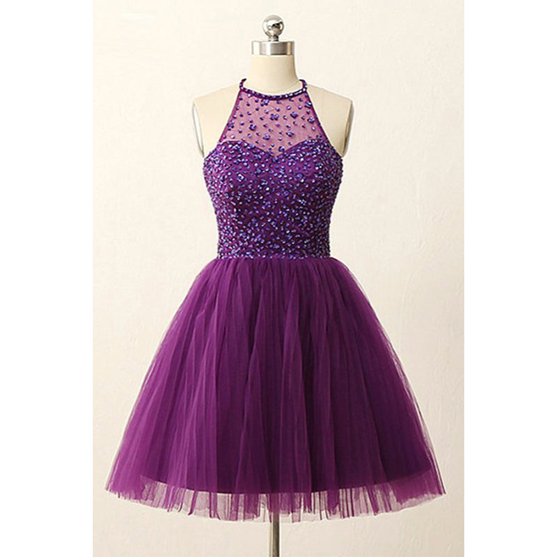 Stunning Dark Purple Halter Graduation Prom Party Short Homecoming Dresses