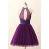 Stunning Dark Purple Halter Graduation Prom Party Short Homecoming Dresses