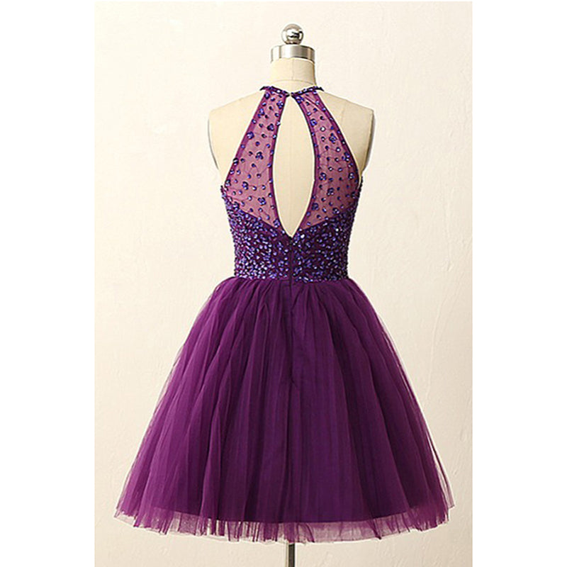 Stunning Dark Purple Halter Graduation Prom Party Short Homecoming Dresses