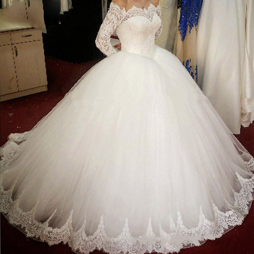 Romantic WD0826 off the shoulder long sleeves Princess Bridal Gown 2020  Poofy Tulle Ball Gown Lace Wedding Dress for Bride