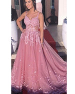 Dust Rose Tulle  Appliuqued Lace Gown Long 2020 Evening Formal Dress with Straps LP1202