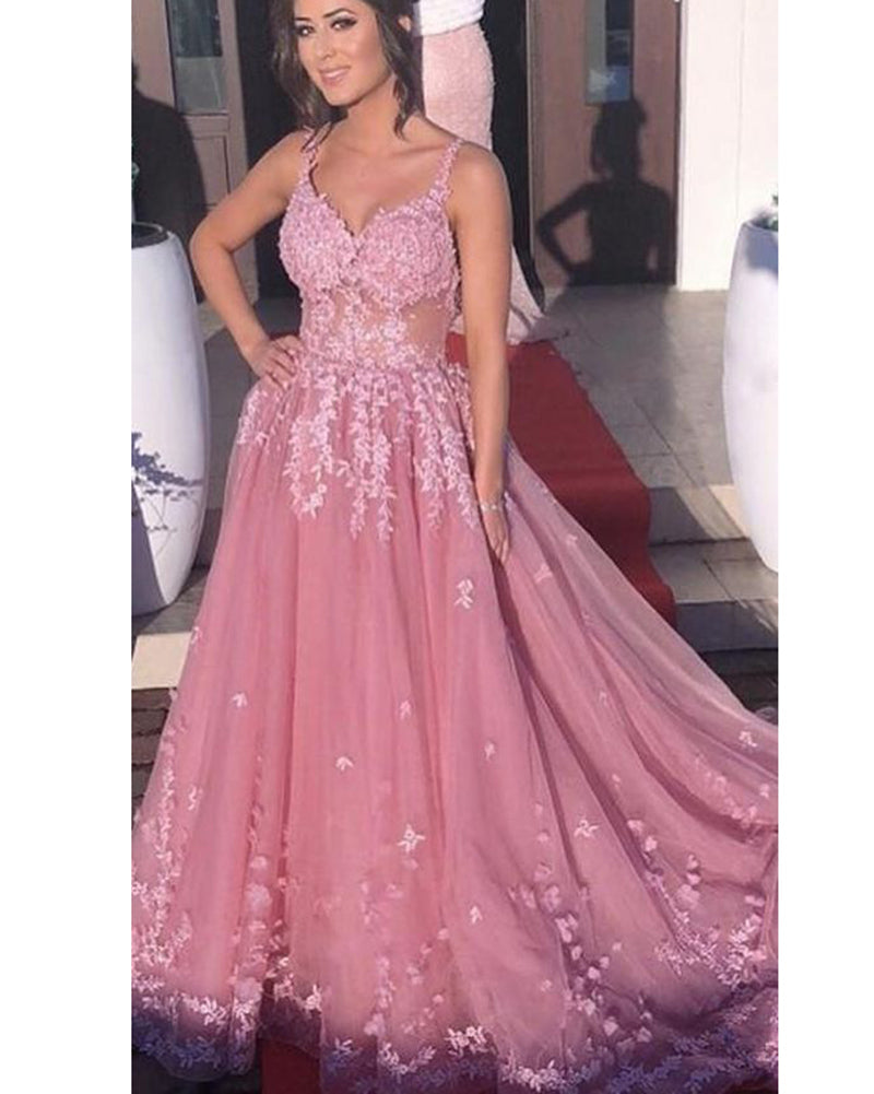 Dust Rose Tulle  Appliuqued Lace Gown Long 2020 Evening Formal Dress with Straps LP1202