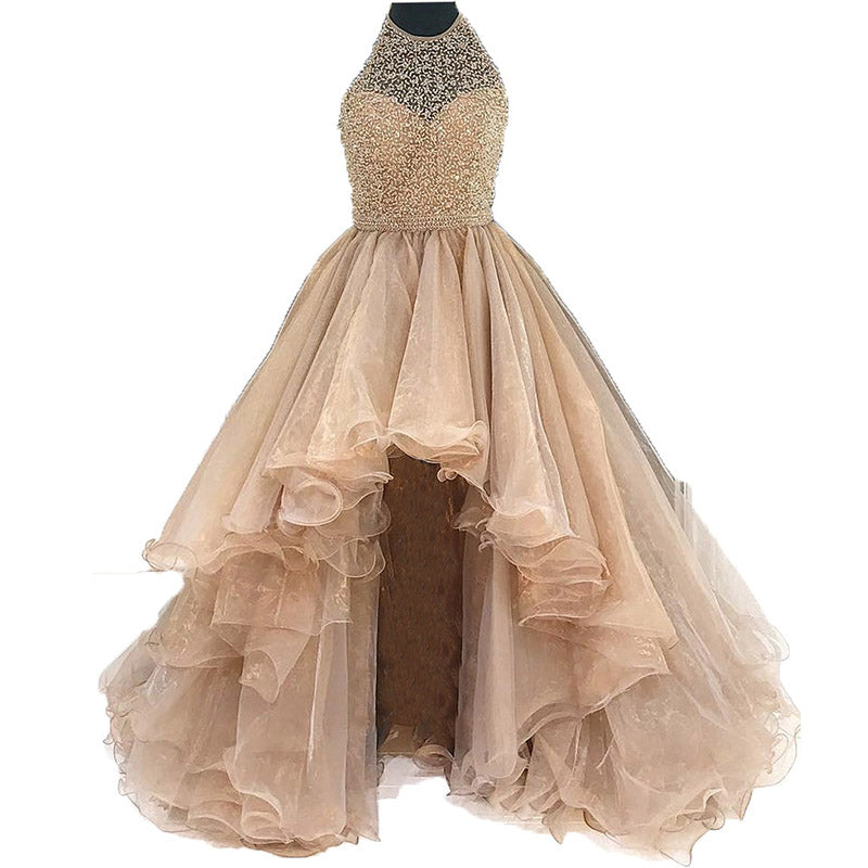 Siaoryne LP170819 O Neck High Beading Ball Gown Evening Dress High Low Front Short Long Back Prom Gowns Mint Champgne