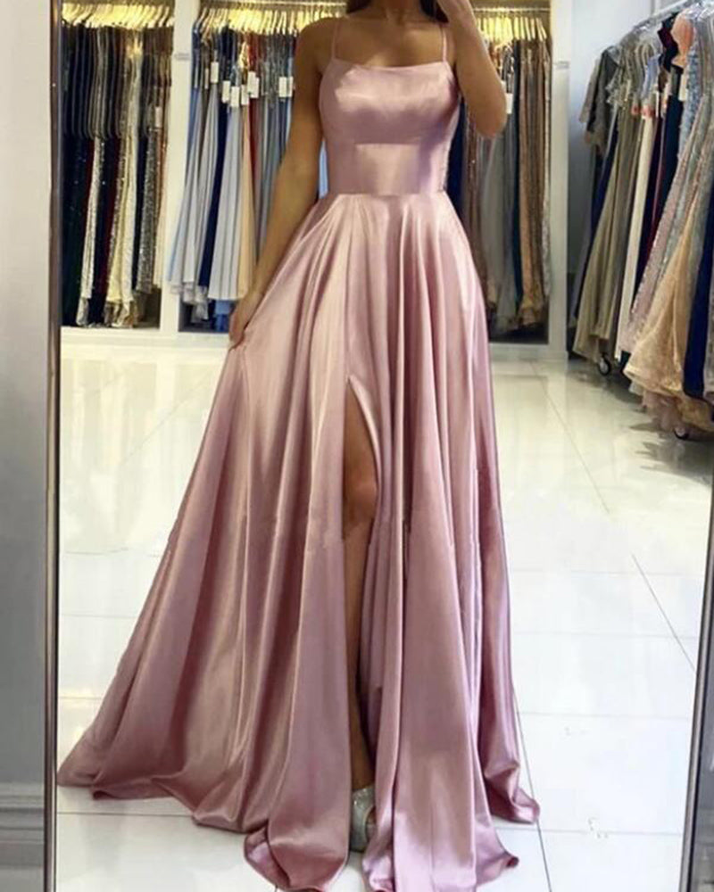 Elegant Halter Satin Dust Pink Long Prom Dress with Split Leg, Evening Dress Long PL0615