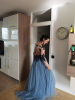 Vintage Blue Open Back Long Evening Dress, Lace Mother of the Bride Gown Full Sleeves Robe De Soiree MD002