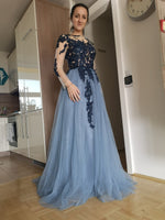 Vintage Blue Open Back Long Evening Dress, Lace Mother of the Bride Gown Full Sleeves Robe De Soiree MD002