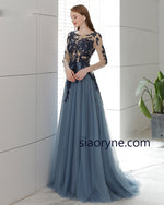 Vintage Blue Open Back Long Evening Dress, Lace Mother of the Bride Gown Full Sleeves Robe De Soiree MD002