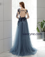 Vintage Blue Open Back Long Evening Dress, Lace Mother of the Bride Gown Full Sleeves Robe De Soiree MD002