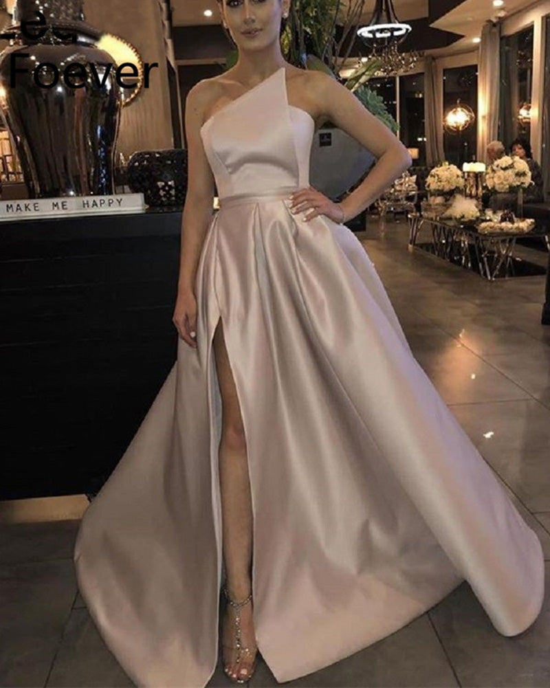 Siaoryne Champagne Slit A Line Satin Formal Evening Party Dresses Long PL6988