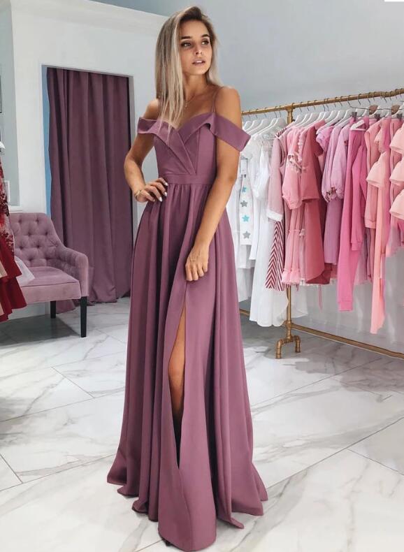 Mauve Taupe Long Formal Girls Prom Party Dresses Straps 2020 with Sexy Slit PD6541