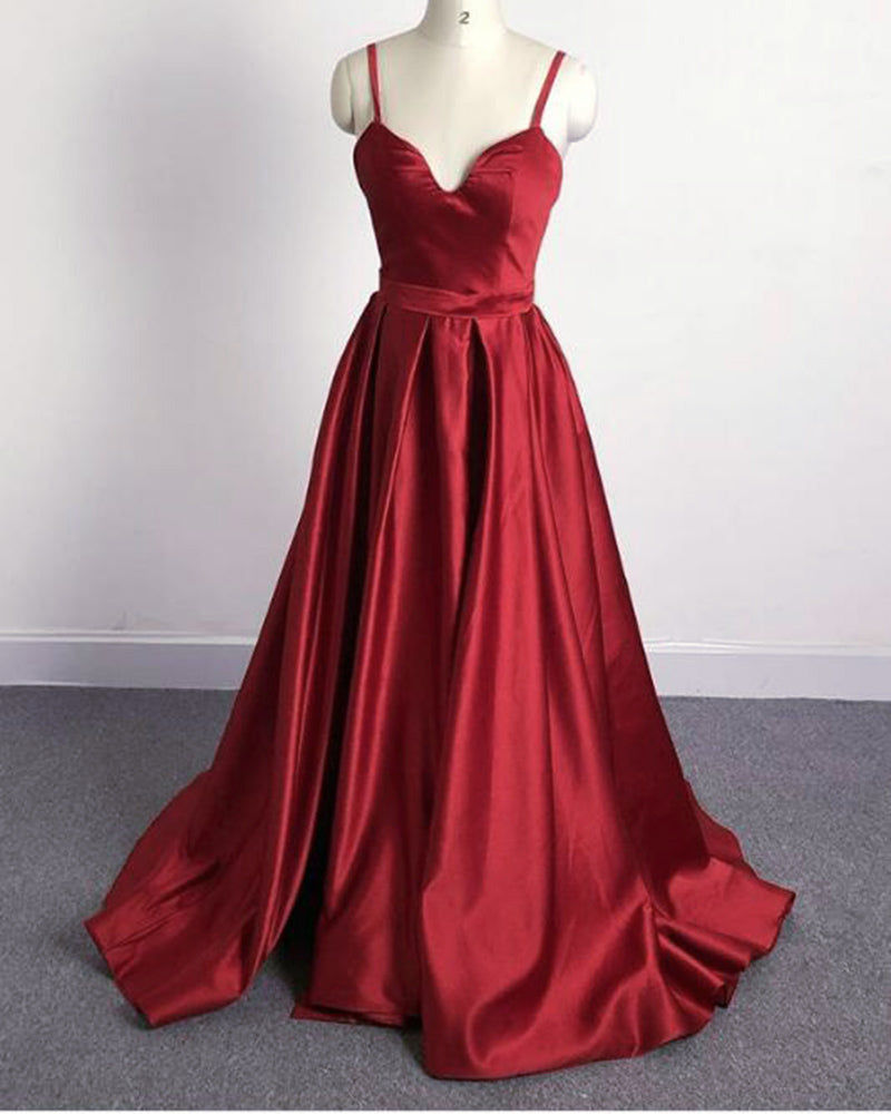 Siaoryne Burgundy A Line Satin Spaghetti Straps Women Long Evening Dresses with Slit PL2145