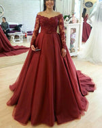 burgundy/royal blue/pink Long Sleeves Lace and tulle wedding dresses ball gown with train PL0211