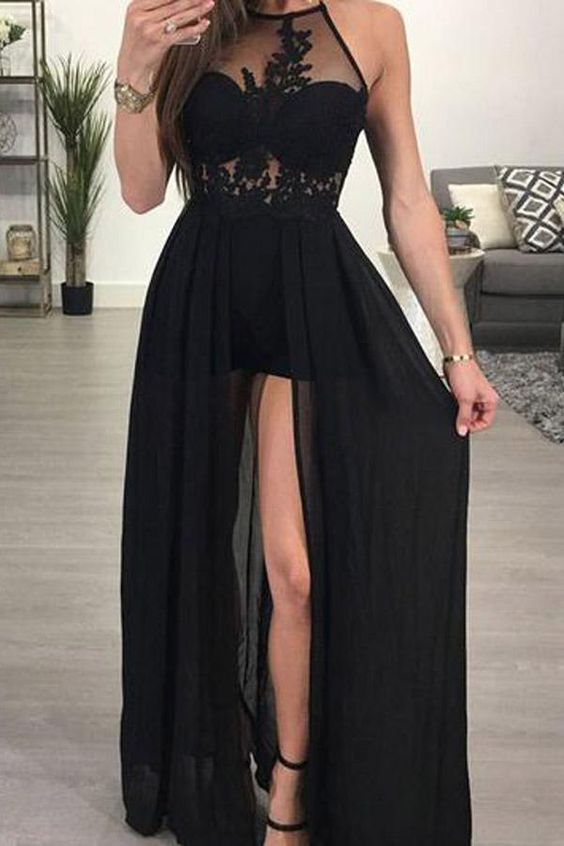 Halter High Low Appliques Lace Chiffon Black Prom Dresses Long PL1201