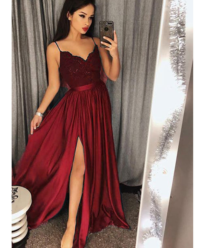 Teal Long Spaghetti Straps Long Party Prom Dresses with Slit party Gow ...