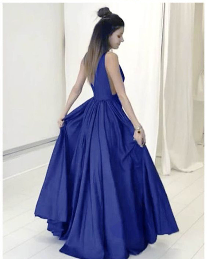 Deep V Neck Long Royal Blue Party Long prom Dresses Women Evening Gown PL5560