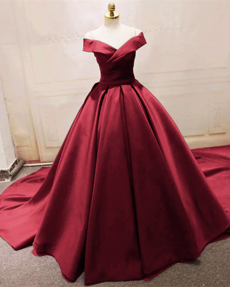Siaoryne Satin Ball Gown Elegant Evening Formal Gown Burgundy Wedding Dresses with off Shoulder PL5885