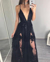 Black Lace Prom dresses  Spaghetti Straps Party Long gown with Slits PL2105