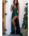 Halter Sexy Backless Teal Long Evening Party Gown with high Slits PL3354