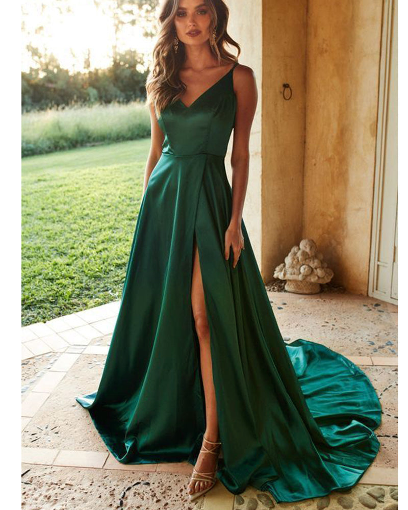 2023 Green Long Prom Dresses with Straps High Split Party Gown PL22580