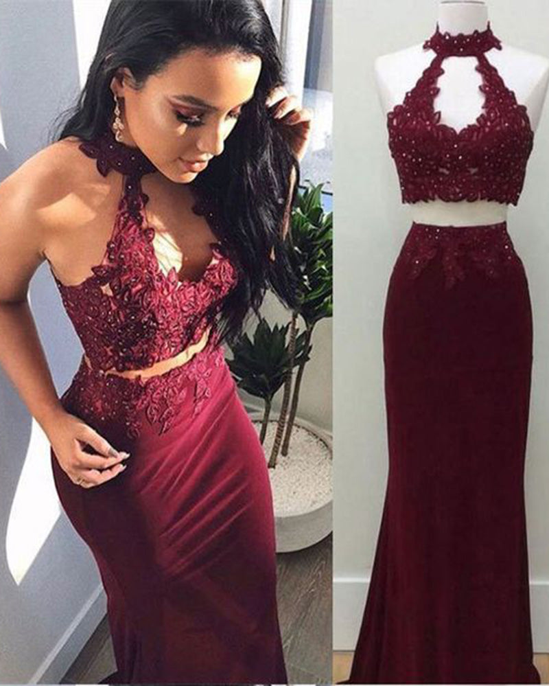 Two Pieces Burgundy Fitted Evening Long Dresses robe de soiree PL9884