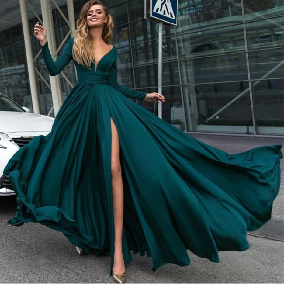 LP3375 Silk Long Sleeved Evening Prom Dresses 2022 V neck Formal Gown Siaoryne LP3375 Silk Long Sleeved Evening Prom Dresses 2022 V neck Formal Gown Siaoryne