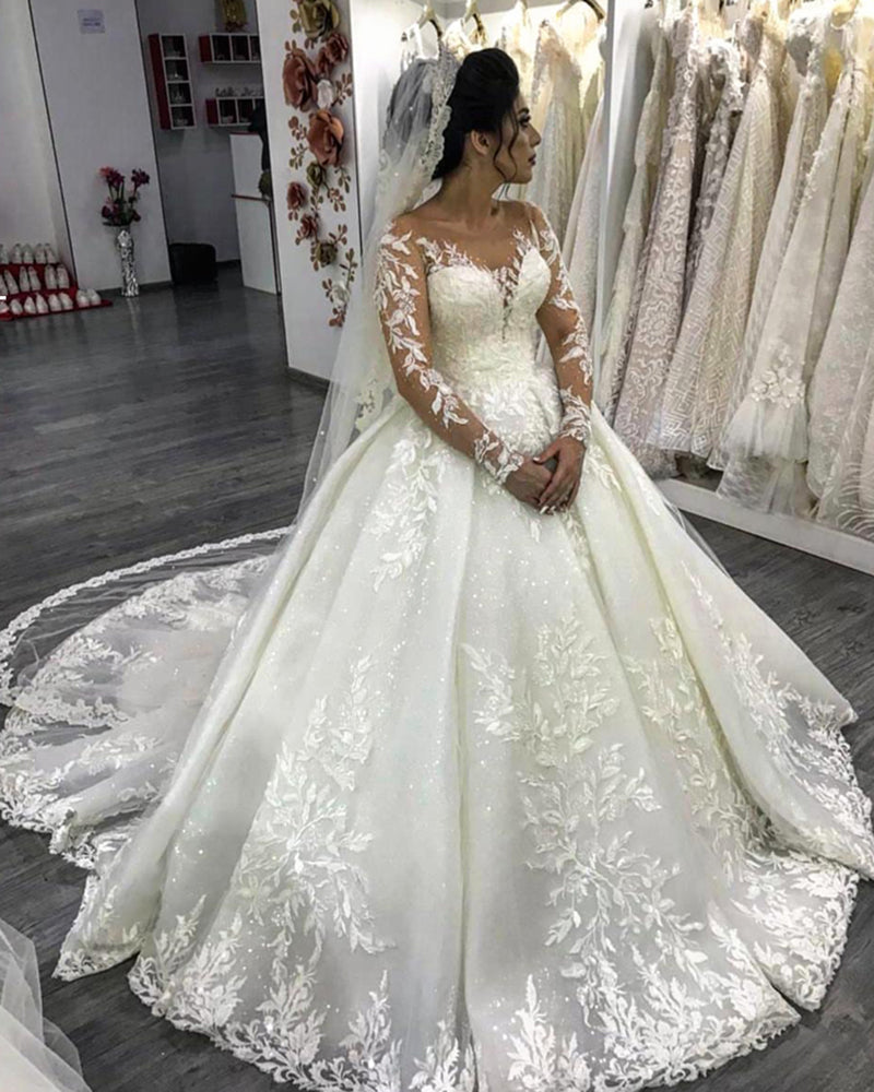 Luxury Long Sleeves Lace Princess Ball Gown Wedding Gown Vestido De Novais WD6654