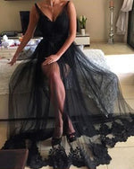 Black V Neck Lace Sexy See Through Long Party Dresses PL6521