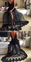 Black V Neck Lace Sexy See Through Long Party Dresses PL6521