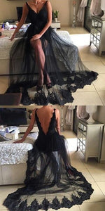 Black V Neck Lace Sexy See Through Long Party Dresses PL6521