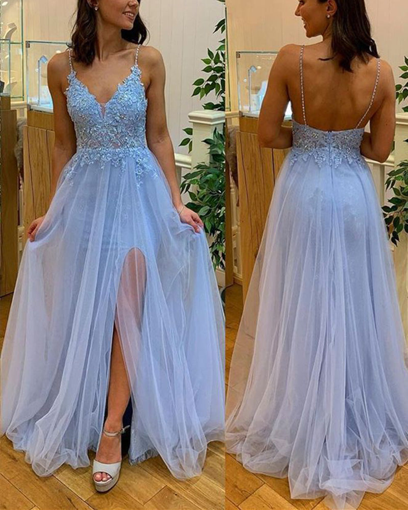 Beautiful Spaghetti Straps Lace Blue Prom Dress Long PL0727