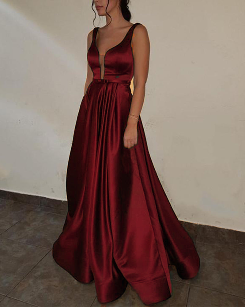 Purple  Prom dress with Deep V Neck A Line Satin Formal Gown Long PL3650