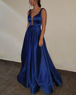 Purple  Prom dress with Deep V Neck A Line Satin Formal Gown Long PL3650