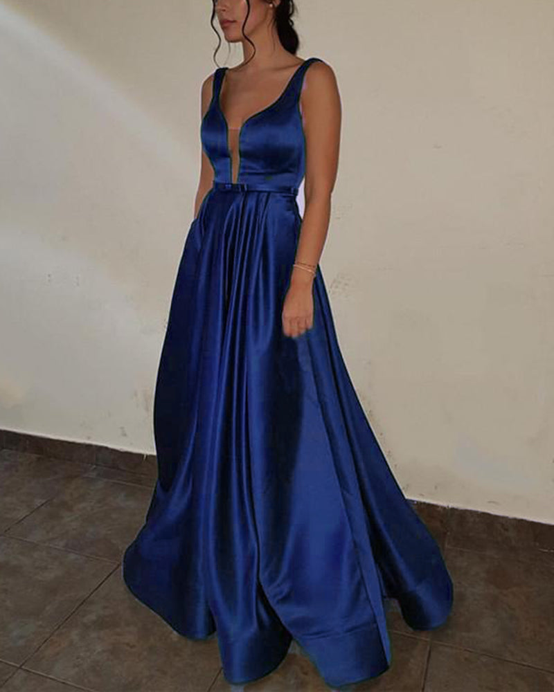 Purple  Prom dress with Deep V Neck A Line Satin Formal Gown Long PL3650