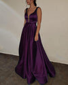 Purple  Prom dress with Deep V Neck A Line Satin Formal Gown Long PL3650
