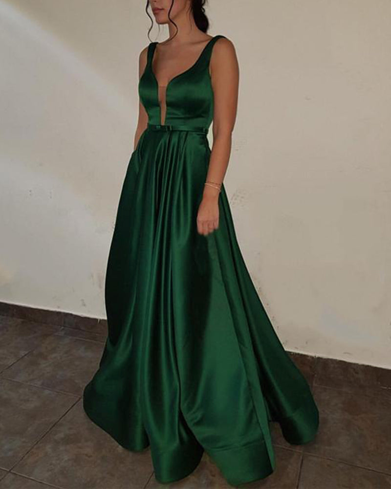 Purple  Prom dress with Deep V Neck A Line Satin Formal Gown Long PL3650