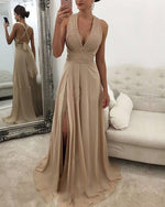 Champagne Halter Beading Long Evening Dresses Party Gown with slit PL8850