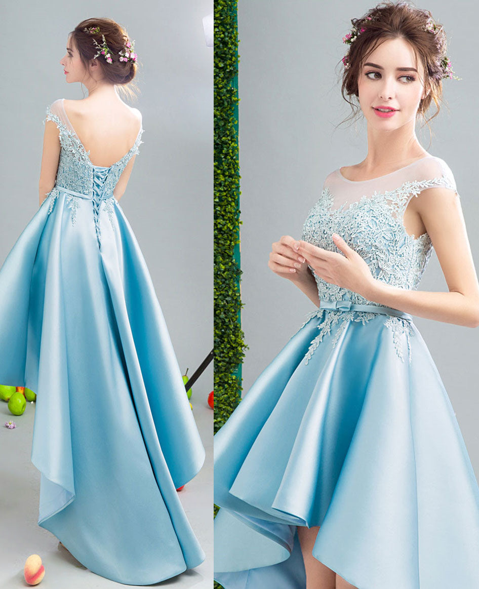 Lovely Custom made high low dresses blue Girls Lace Prom Party Gown