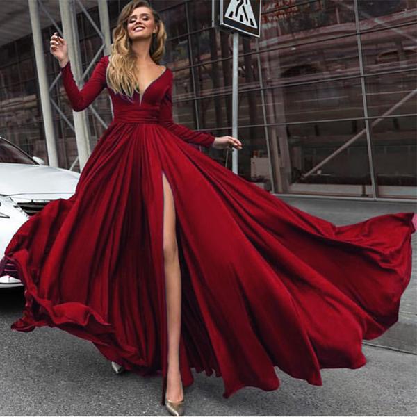 Long Sleeved Formal Wear for Women Outfits 2018 Sexy Slit Evening Dress Burgundy/red