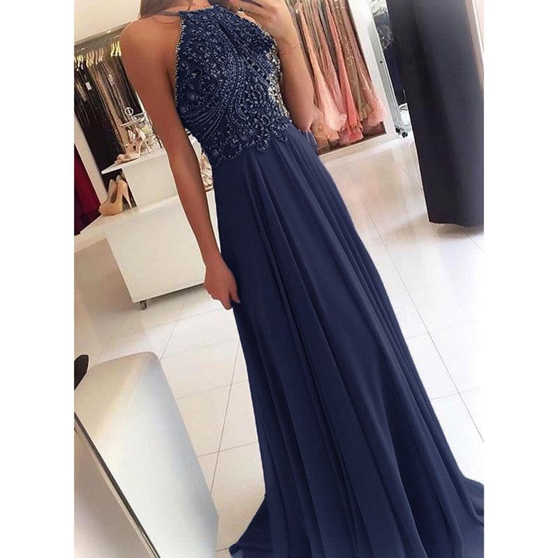 Dramatic Grey Halter Chiffon Long Prom Dresses with Beading Senior Homecoming Formal Dress for Girls
